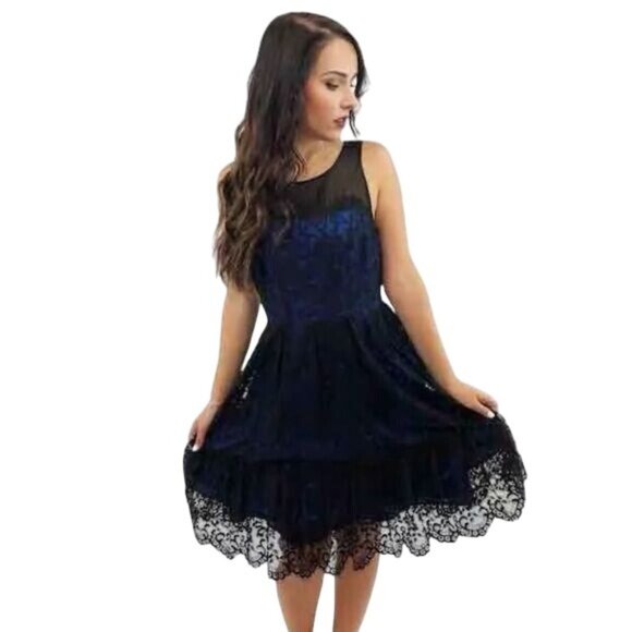 NWT Moulinette Soeurs X Anthropologie Blue & Black Lace Sleeveless A-Line Dress - Picture 8 of 16